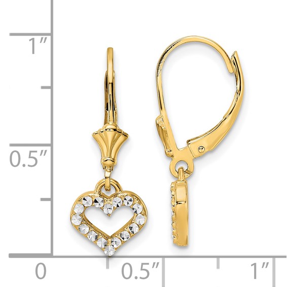 14k and White Rhodium Diamond-cut Open Heart Leverback Earrings