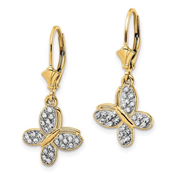 14k and White Rhodium Diamond-cut Fancy Butterfly Dangle Leverback Earrings