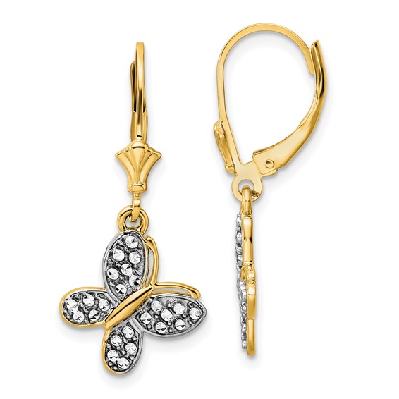 14k and White Rhodium Diamond-cut Fancy Butterfly Dangle Leverback Earrings