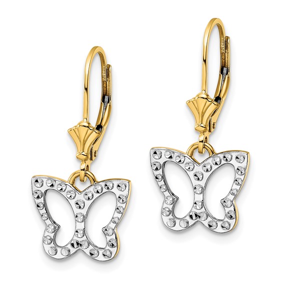 14k and White Rhodium Diamond-cut Butterfly Dangle Leverback Earrings