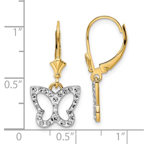 14k and White Rhodium Diamond-cut Butterfly Dangle Leverback Earrings