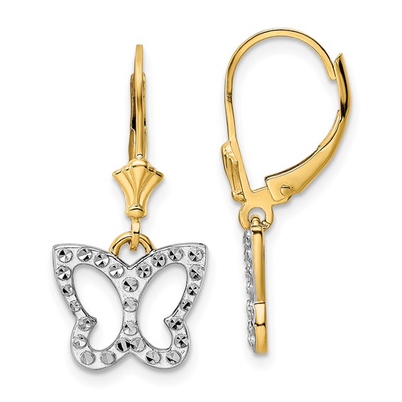 14k and White Rhodium Diamond-cut Butterfly Dangle Leverback Earrings