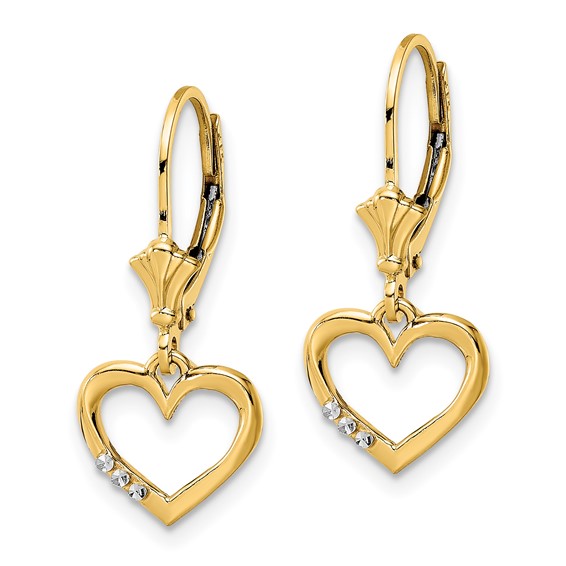 14k and White Rhodium Diamond-cut Open Heart Leverback Earrings