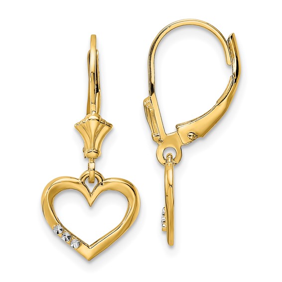 14k and White Rhodium Diamond-cut Open Heart Leverback Earrings