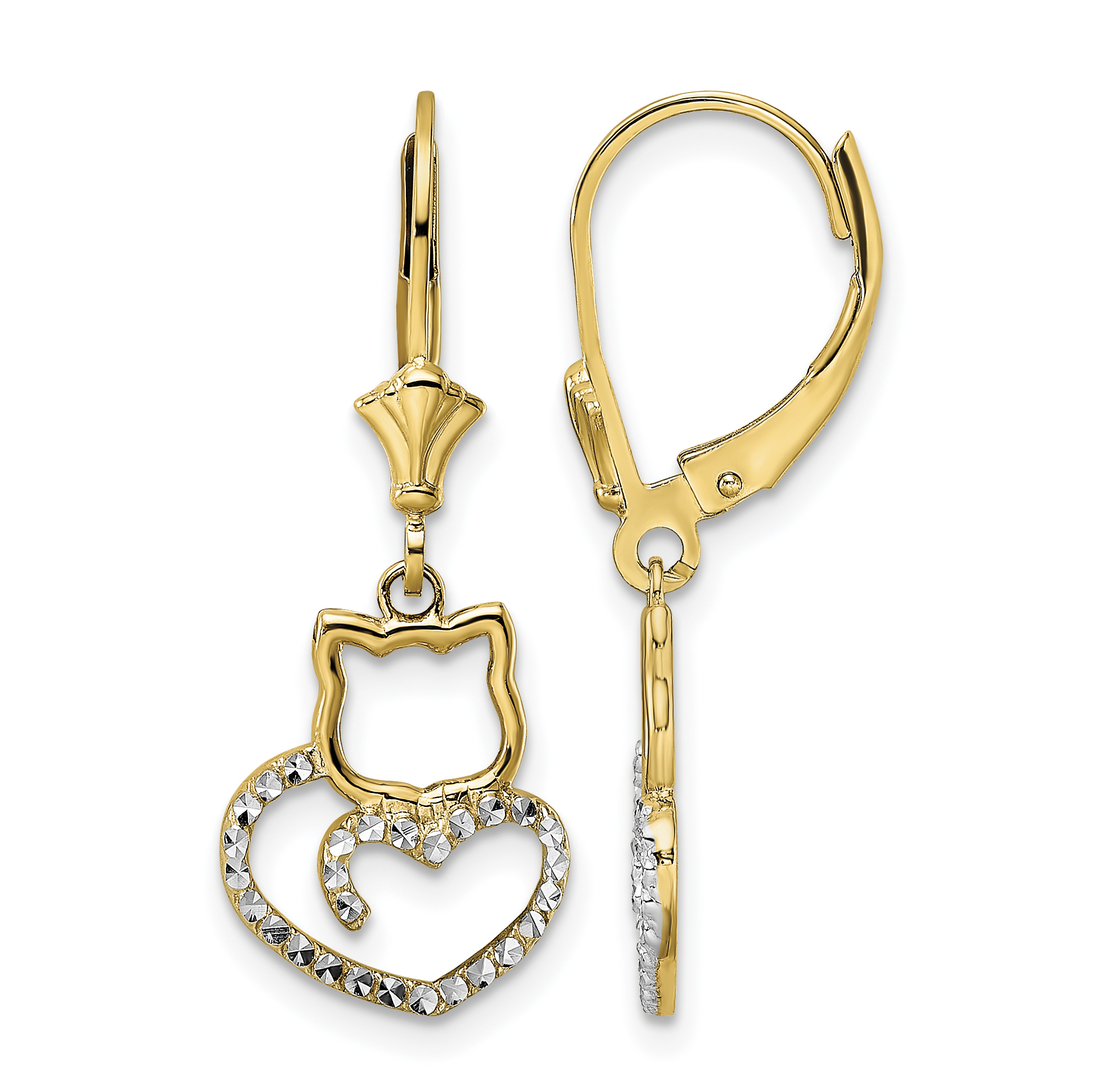 14k & White Rhodium D/C Cat Heart Leverback Earrings (TM806)