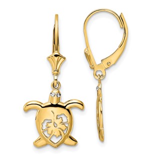 14k and White Rhodium Diamond-cut Floral Turtle Leverback Earrings