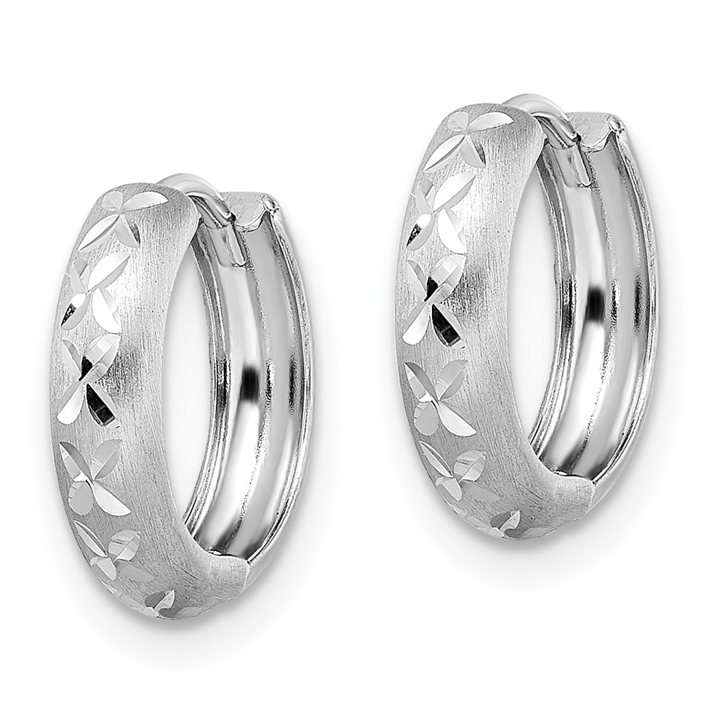 14k White Gold Diamond-cut X Satin 3x13mm Hinged Hoop Earrings (TM809W)