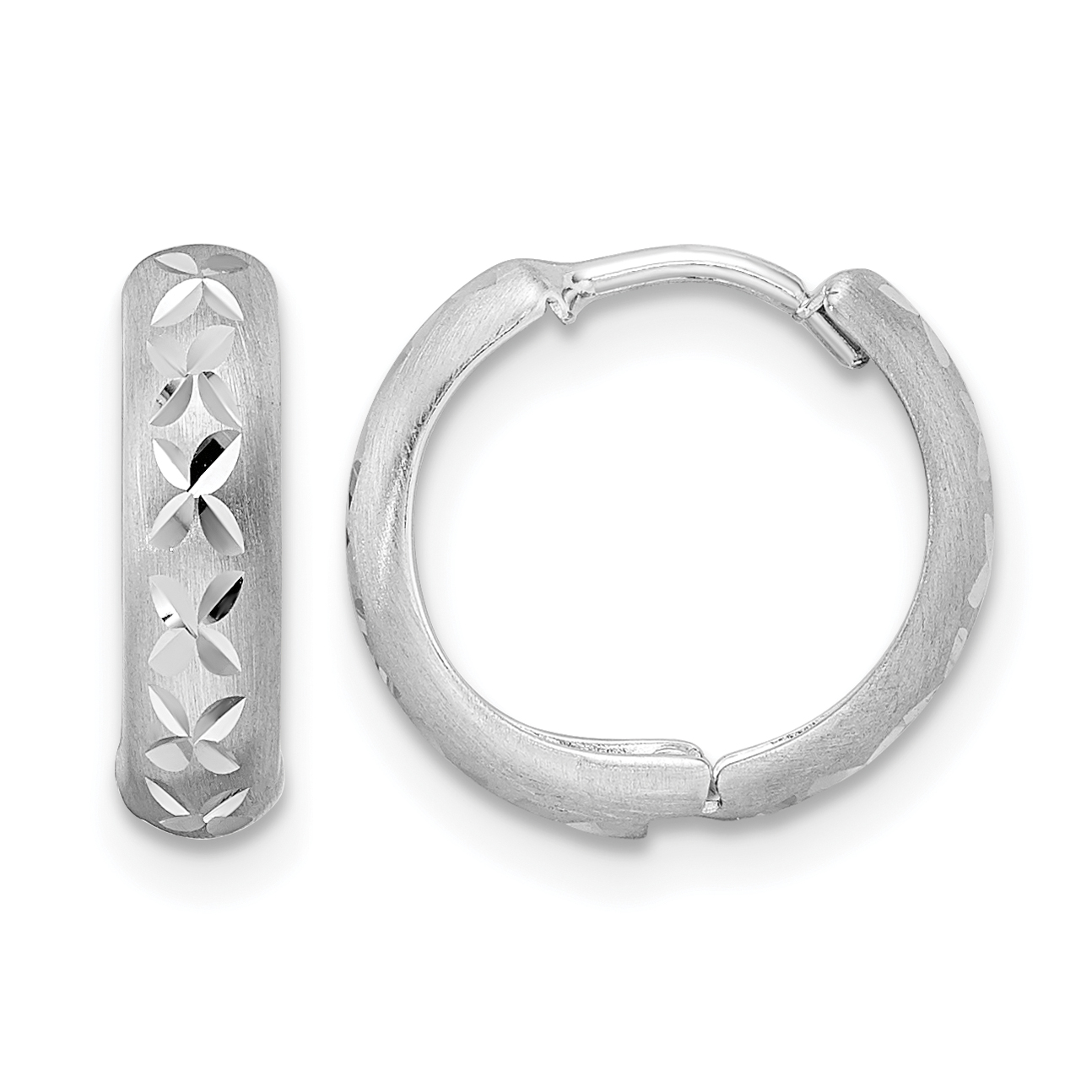 14k White Gold Diamond-cut X Satin 3x13mm Hinged Hoop Earrings (TM809W)