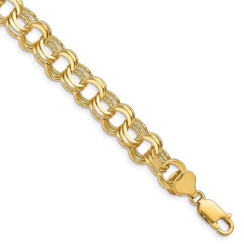 14K 9.5mm Yellow Gold Solid Triple Link Charm Bracelet, 7"