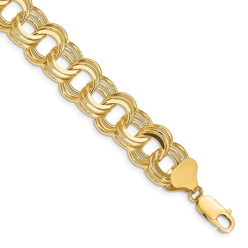 14K 12mm Yellow Gold Solid Triple Link Charm Bracelet, 7"