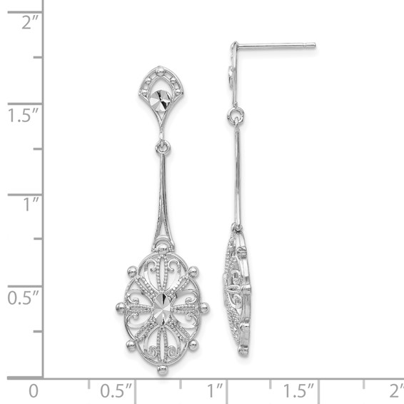 14k White Gold Diamond-cut Filigree Medallion Dangle Post Earrings