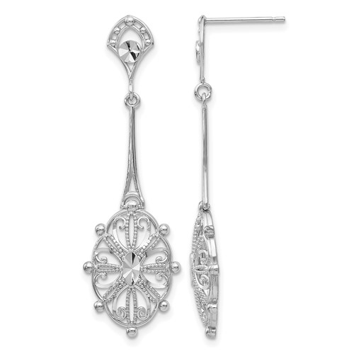 14K White Gold Diamond-cut Filigree Medallion Dangle Post Earrings