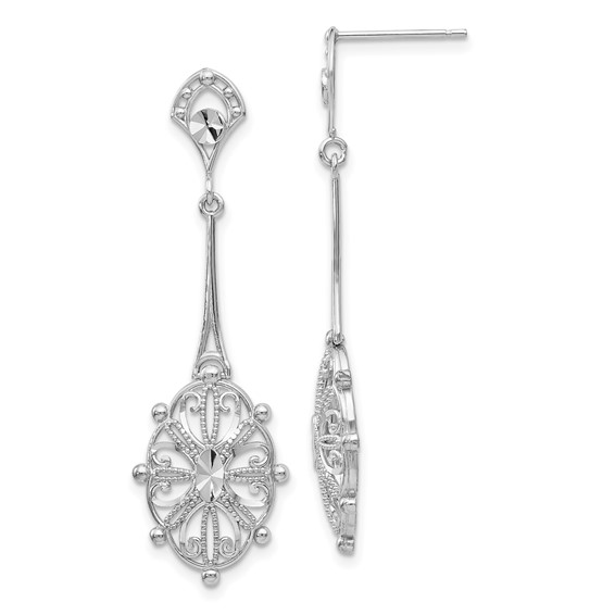 14k White Gold Diamond-cut Filigree Medallion Dangle Post Earrings