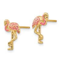 14K Yellow Gold Pink Enameled Flamingo Post Earrings view 2
