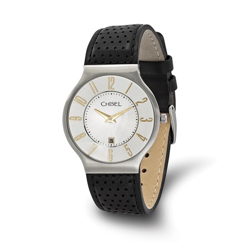Mens Chisel Stainless Steel White Dial Black Leather Watch