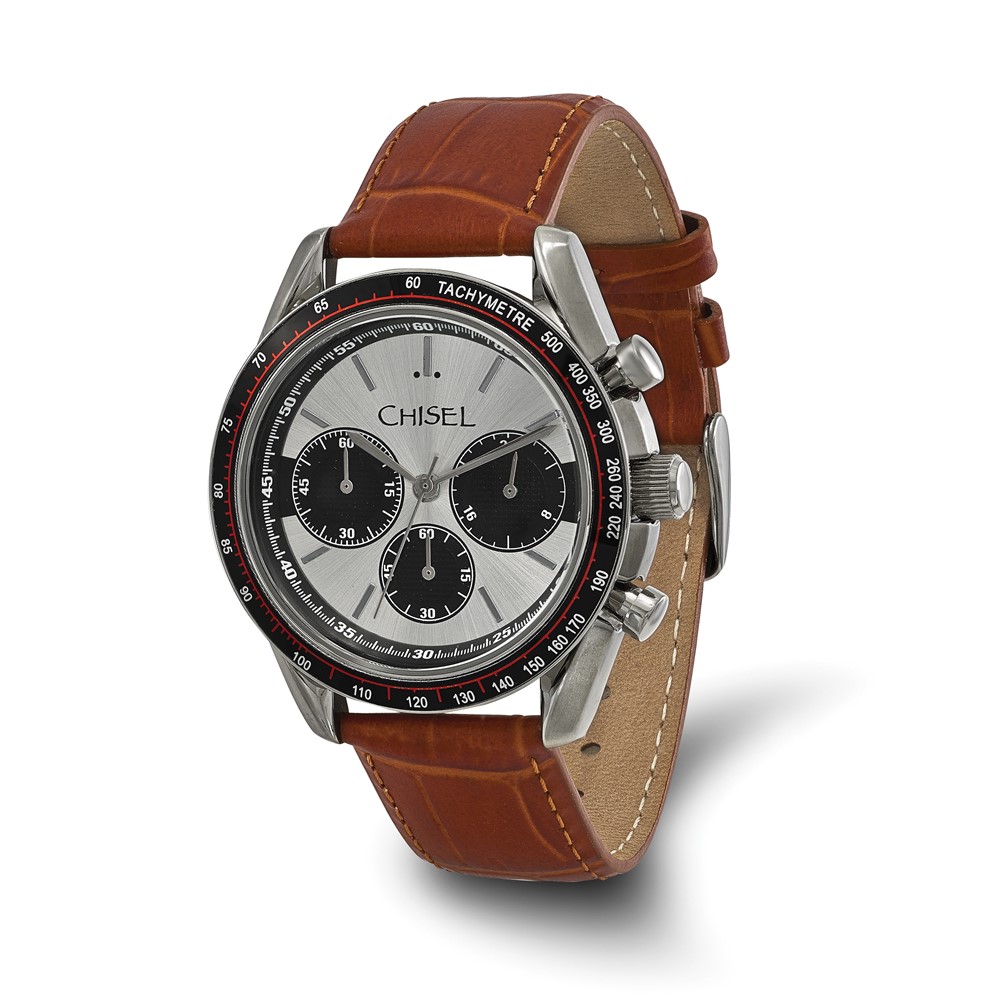 Mens Chisel Stainless Steel Brown Leather Chronograph Watch