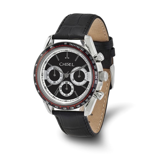 Mens Chisel Stainless Steel Black Leather Chronograph Watch