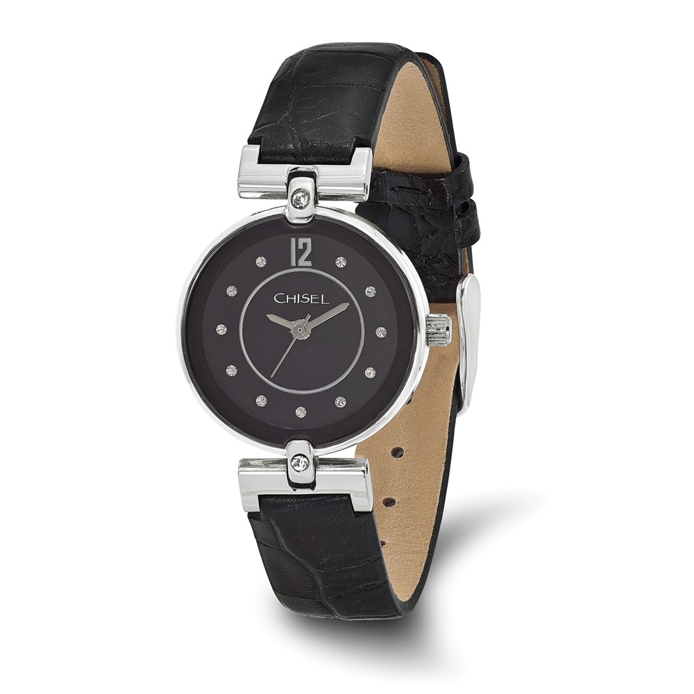 Ladies Chisel Black Dial Black Leather Watch