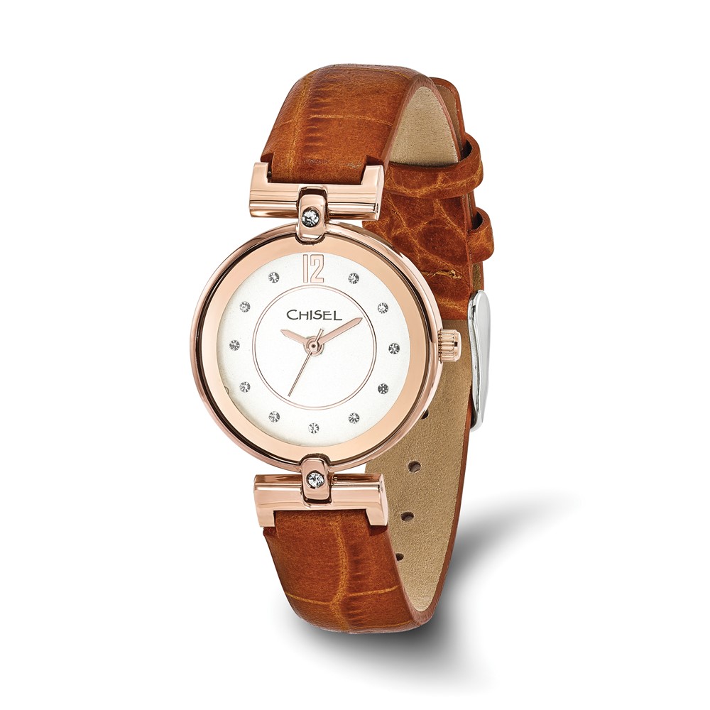 Ladies Chisel Rose IP-plated White Dial Brown Leather Watch