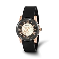 Ladies Chisel Rose IP-plated Floral Dial Black Strap Watch view 1