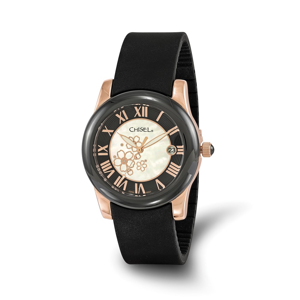 Ladies Chisel Rose IP-plated Floral Dial Black Strap Watch