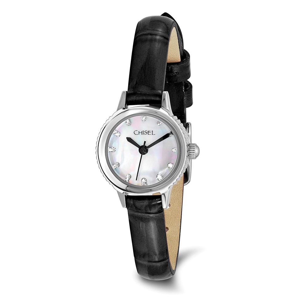 Ladies Chisel Stainless Steel Black Leather Strap Watch