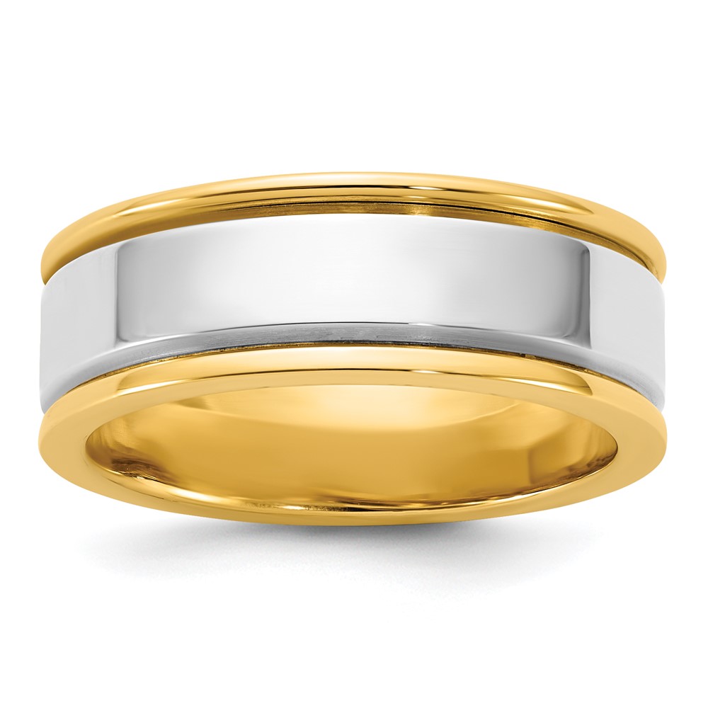 14K Two-Tone Y W 7mm Step Up Beveled Wedding Band