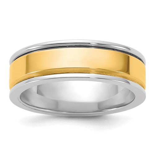 14K Two-Tone Band with Y 6mm Step Up Beveled Wedding, Size 7