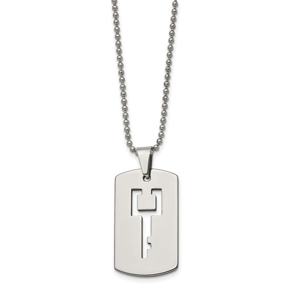 Chisel Tungsten Polished Dog Tag with Key Cut-out 22 inch Necklace