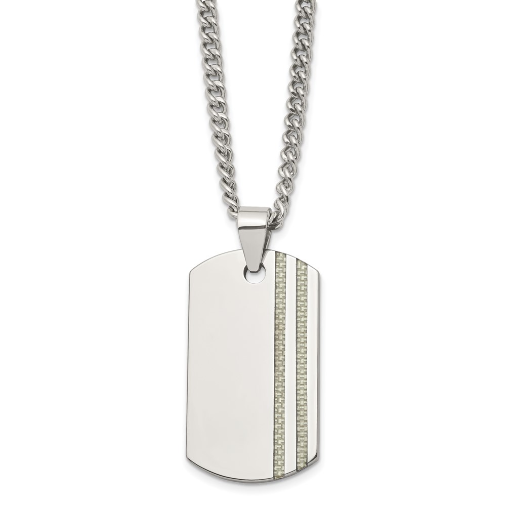 Tungsten Polished w/Grey Carbon Fiber Inlay Dog Tag 24in Necklace