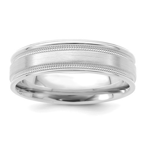 14K White Gold 6mm Standard Weight Comfort Fit Brushed Satin Polished Milgrain Grooved Edge Wedding Band, Size 9