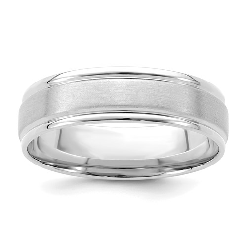 14K White Gold 6mm Standard Weight Comfort Fit Brushed Satin Polished Grooved Edge Wedding Band, Size 10