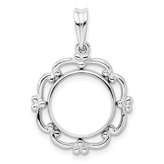 Wideband Distinguished Coin Jewelry 14k White Gold Polished Filigree 13.0mm Prong Coin Bezel Pendant