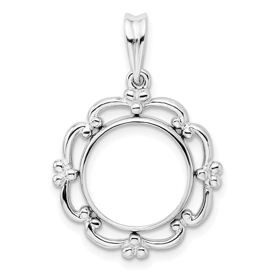 Wideband Distinguished Coin Jewelry 14k White Gold Polished Filigree 13.0mm Prong Coin Bezel Pendant
