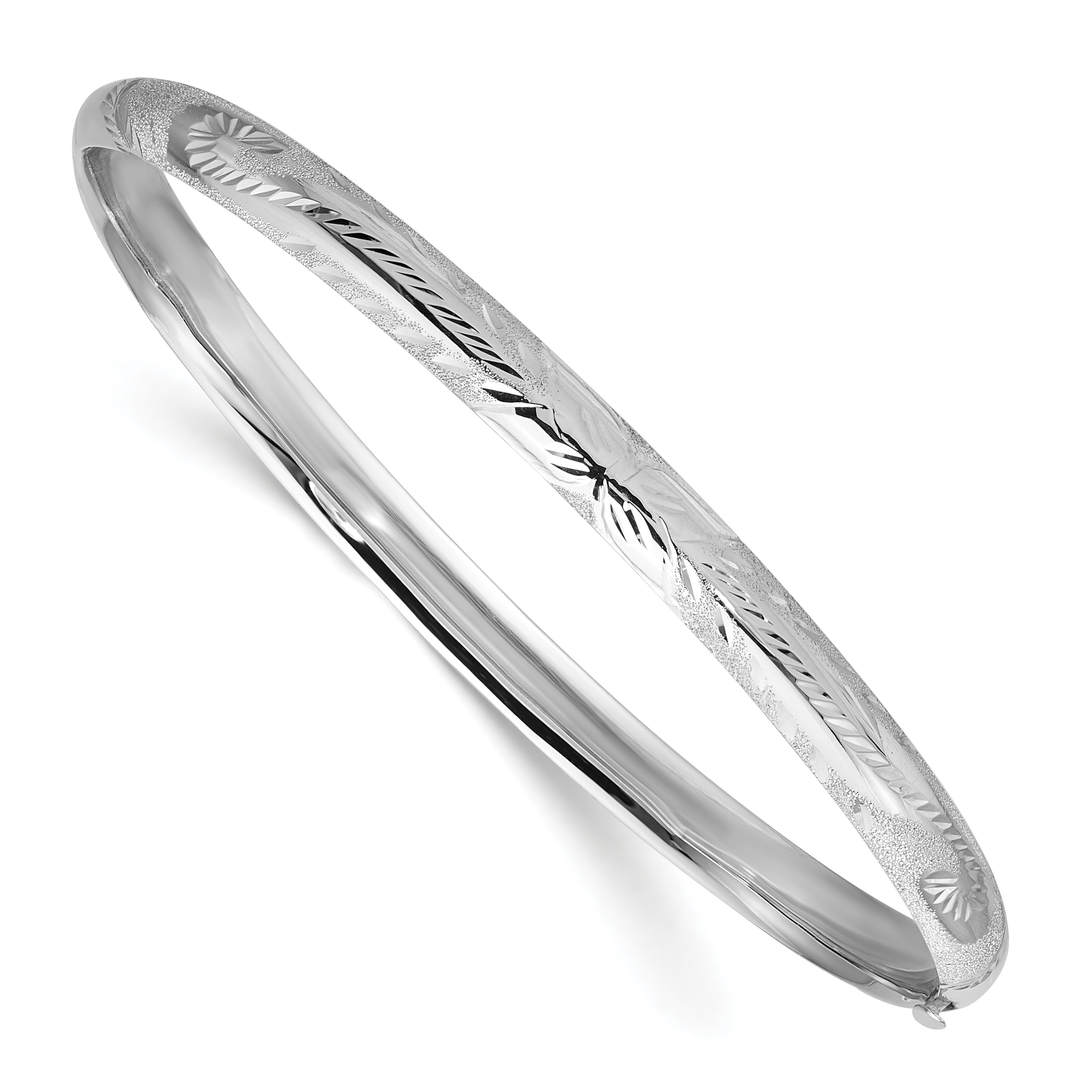 14k 3/16 White Gold Florentine Engraved 5.00mm Hinged Round Bangle Bracelet (WFE3/16)