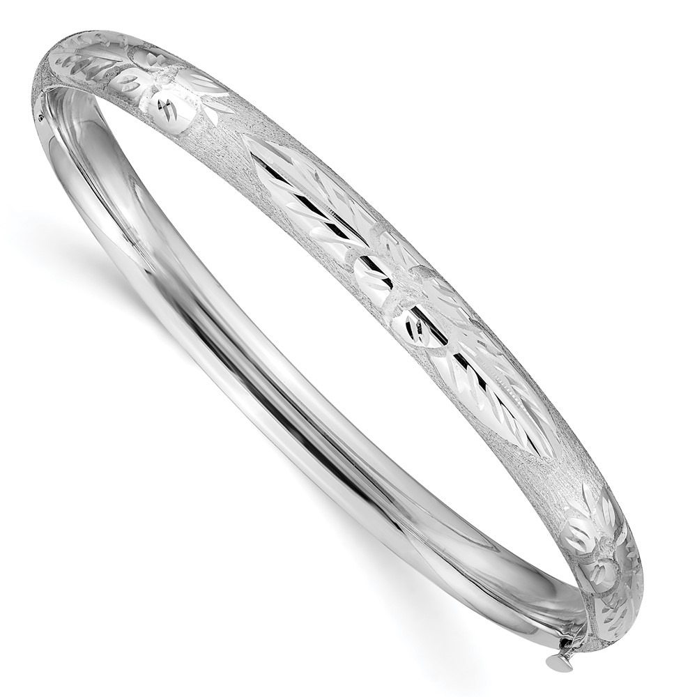 14K 0.25 White Gold Florentine Engraved 6.00mm Hinged Round Bangle Bracelet