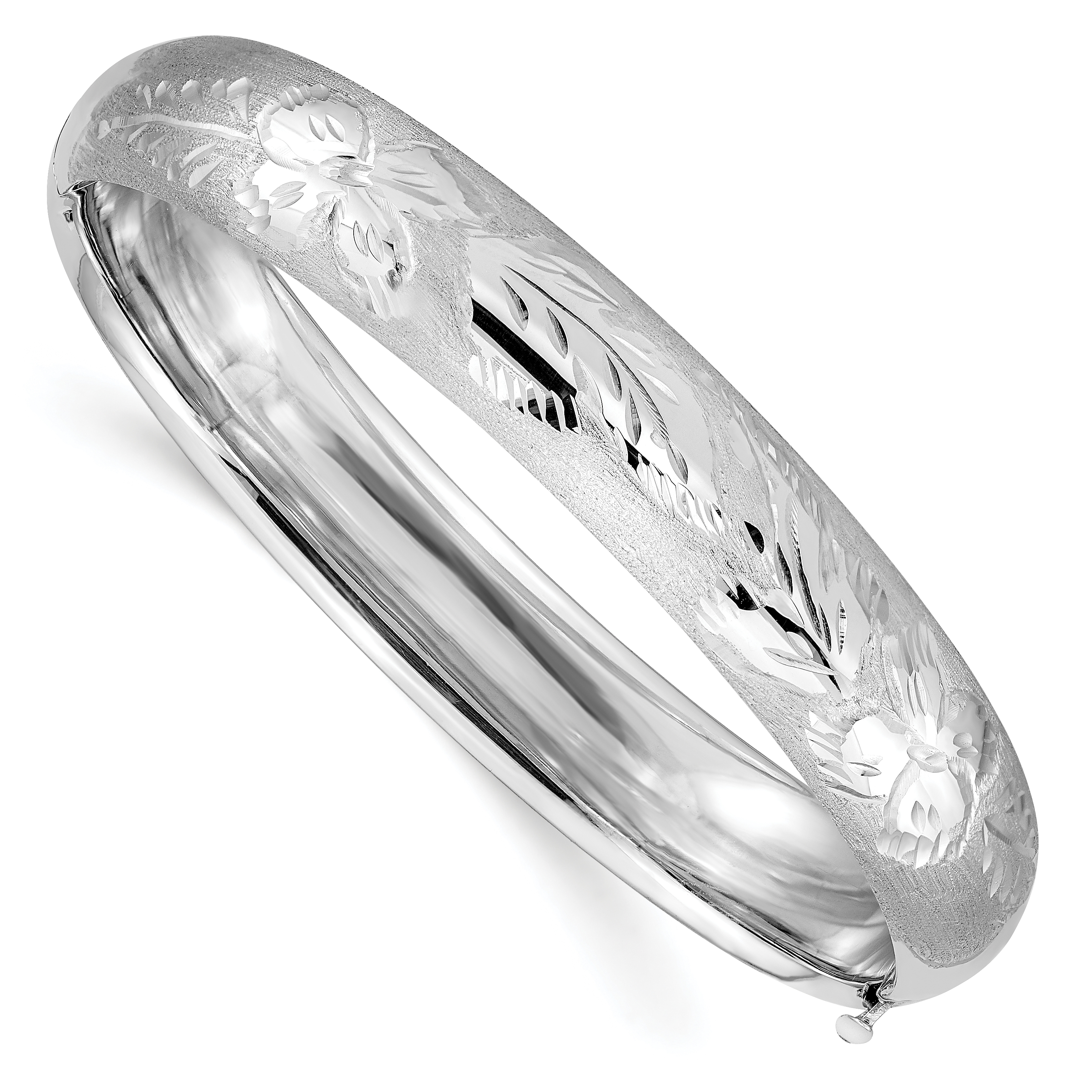 14k 7/16 White Gold Florentine Engraved 10.00mm Hinged Round Bangle Bracelet (WFE7/16)