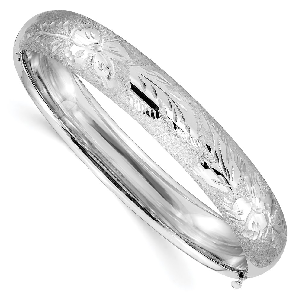 14k 7/16 White Gold Florentine Engraved 10.00mm Hinged Round Bangle Bracelet (WFE7/16)