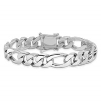 14K White Gold 10mm Hand Polished Figaro Link Bracelet with Box Catch Clasp, 8" view 3