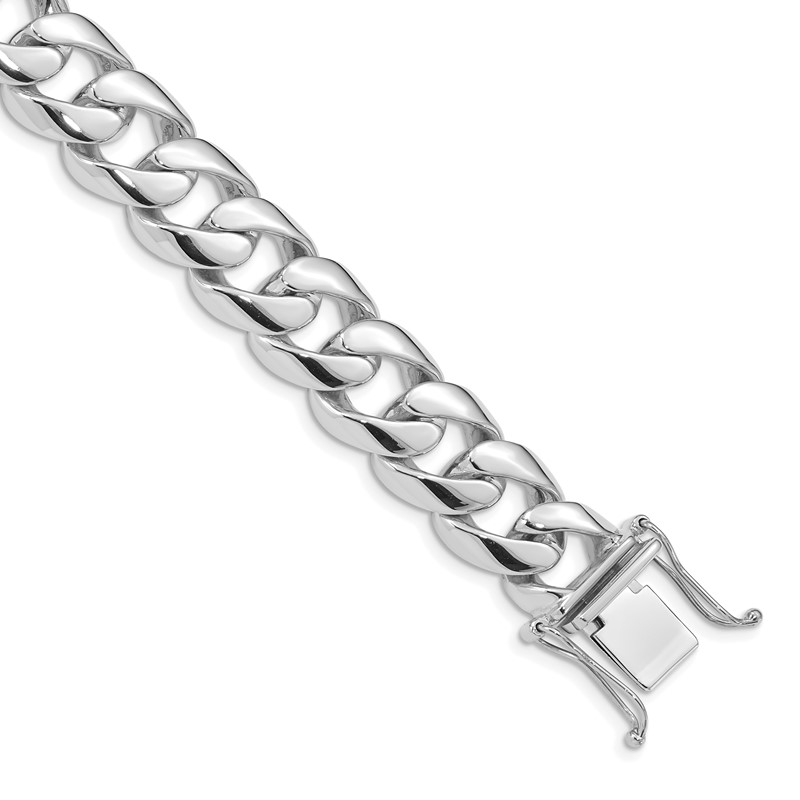 14K White Gold 9 inch 13.4mm Hand Polished Rounded Curb Link with Box Catch Clasp Bracelet