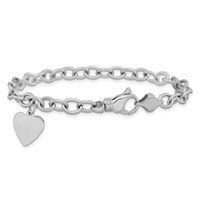 14K White Gold Engravable 19x 13mm Solid Dangle Heart Charm and Solid Polished Link Bracelet, 7.5" view 3