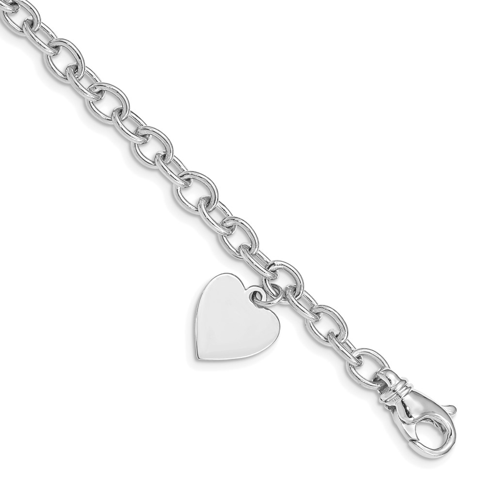 14K White Gold Engravable 19x 13mm Solid Dangle Heart Charm and Solid Polished Link Bracelet, 7.5"