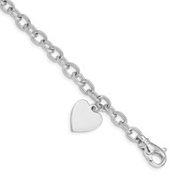 14K White Gold Engravable 19x 13mm Solid Dangle Heart Charm and Solid Polished Link Bracelet, 7.5" view 1