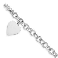 14K White Gold Engravable 23x 17mm Solid Dangle Heart Charm and Solid Polished Link Bracelet, 7.5" view 1