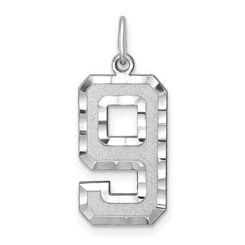 14K White Gold Large Brushed Diamond-cut Number 9 Charm