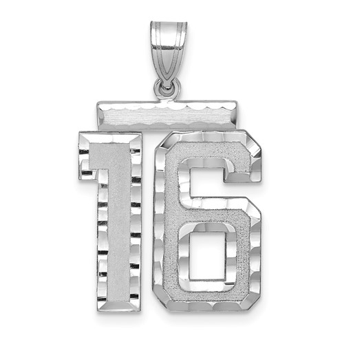 14K White Gold Large Brushed Diamond-cut Number 16 Charm