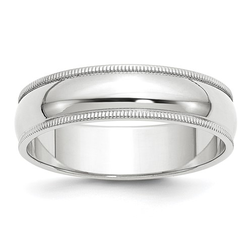 10K White Gold 6mm Milgrain Half Round Wedding Band, Size 8