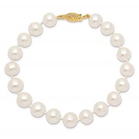 14K Yellow Gold 9-10mm White Near-Round Freshwater Cultured Pearl Bracelet, 7.5" view 3