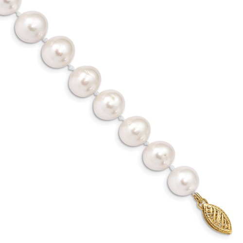 14K Yellow Gold 9-10mm White Near-Round Freshwater Cultured Pearl Bracelet, 7.5"