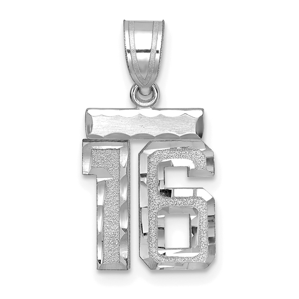 14K White Gold Small Brushed Diamond-cut Number 16 Charm